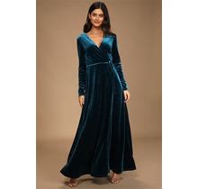 Teal Blue Velvet Wrap Maxi Dress | Womens | Medium (Available In 3X, 1X, XS, S, L, XL) | 100% Polyester | Lulus | Blue Dresses | Gowns | Stretchy