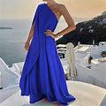 Women Casual Boho Solid Colorone Shoulder Long Dress Holiday Dress Blue S