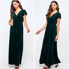 Penna&Pine Dresses | Emerald Green Velvet Flutter Sleeve Formal Maxi Dress - Slight Blue Undertone | Color: Blue/Green | Size: 3X