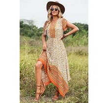 ZAPAKA Women Summer Dress Floral Print V-Neck Orange Maxi Boho Dress, Orange / XL