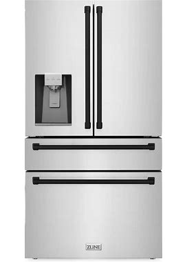 ZLINE Autograph Edition 36-Inch 22.5 Cu. Ft Freestanding French Door Refrigerator With Water And Ice Dispenser In Stainless Steel With Matte Black Trim (RFMZ-W-36-MB)