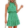 Locryz Summer Dress For Women Casual Floral Sun Dress Sleeveless Halter Neck Dress Swing Pleated Party Beach Dresses
