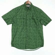 Duluth Trading Co Action Print Shirt Mens Medium Green Short Sleeve Button Down In White