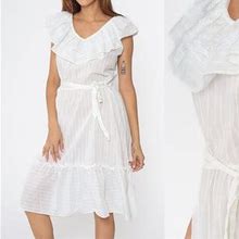 80S Prairie Dress White Sheer Ruffle Stripe Tie Waist Layered Skirt Lace Peasant Cottagecore Vintage Romantic Sun Dress Medium