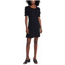Msk Womens Black Ruched Short Sleeve Jewel Neck Short Sheath Dress S