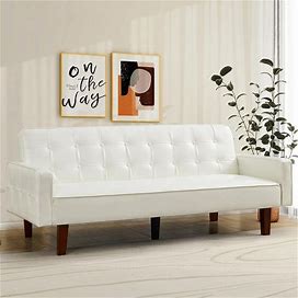 Faux Leather Futon Sofa Bed Sleeper Couch, Mid Century Button Tufted Upholstered Convertible Sofa Bed With Wooden Legs - White
