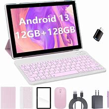 2024 Newest Android 13 Tablet With Keyboard 10 Inch 2 in 1 Tablets, 12GB RAM 128GB ROM 1TB Expand, Quad-Core 2.0Ghz CPU Tablet PC, 5G Wifi 6 BT 5.0,