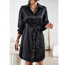 Women Plain Shirt Collar Long Sleeve Comfy Casual Midi Dress Black/S