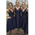 V-Neck Sleeveless Tea-Length Satin A-Line Dress - Dark Navy/Ocean Blue/Royal Blue, Size 8 By Dorris Wedding