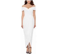 Xscape Womens White Stretch Zippered Short Sleeve Off Shoulder Maxi Formal Faux Wrap Dress 4