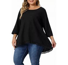 Plus Size Blouse For Women Waffle 3/4 Sleeve Round Neck Lace Panel Loose High Low Hem Tops, Women's, Size: 2XL, Grey