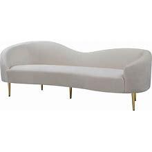 Meridian Furniture Ritz Collection Modern | Contemporary Velvet Upholstered Sofa With Sturdy Metal Legs In Rich Gold Finish, Cream, 85.5" W X 31.75"