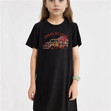 LOADS OF LOVE Graphic Short Sleeve Dress, Girls Comfy Loose Fit Crew Neck Dress Summer Clothes Gift Valentine's Day,Black,Popular,Temu