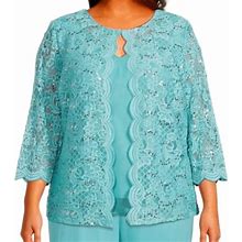 Alex Evenings Size 1X Turquoise Dress Jacket Sequin Lace Chiffon