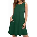 Loopsun Womens Summer Dresses, Casual Crew Neck Sleeveless Solid Tank Mini Dress With Pockets Green