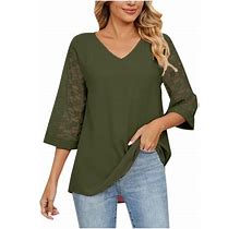 Juranmo Clothing Clearance Women Clearance Tops Tops For Womens Short 3/4 Bell Sleeve V Neck Lace Chiffon Wide Leg Plain Patchwork Bootcut Blouses Lad