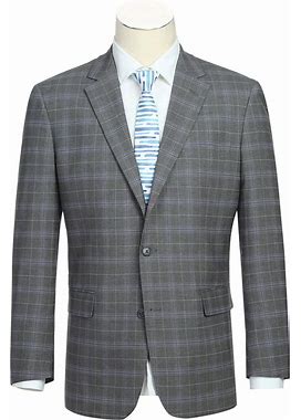 Mens Classic Fit Two Button Suit In Dark Grey And Lavender Windowpane Plaid, 40 Regular / Grey