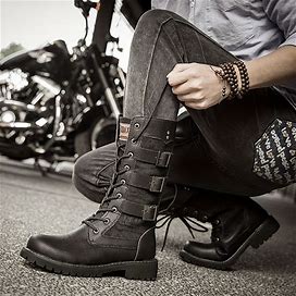 Trendy Durable High Top Riding Boots, Men's Comfy Non Slip Outdoor Ties Lace Up Shoes,Black,Affordable,Temu