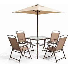 6Pc Patio Dinning Set With 4 Folding Chairs Glass Table And Tan Umbrella Without Base Brown - Crestlive Products