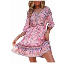 Komoo Women Boho Short Dress Floral Half Sleeves Backless Loose Dress Ruffle Tiered Beach Dress