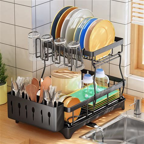 Dish Drying Rack - 2 Tier Dish Drying Rack And Drainboard For