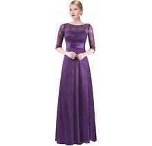 Purple 3/4 Sleeves Illusion Neckline Long Prom Dresses With Lace Overl
