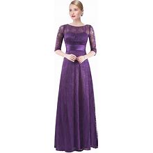 Purple 3/4 Sleeves Illusion Neckline Long Prom Dresses With Lace Overl