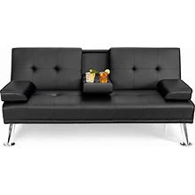 Costway Convertible Folding Futon Sofa Bed Leather W/Cup Holders&Armrests Black