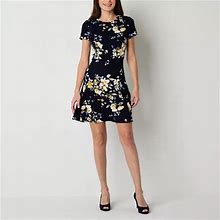 Jessica Howard Petite Short Sleeve Floral Fit + Flare Dress | Blue | Petites 14 Petite | Dresses Fit + Flare Dresses | Easter Fashion