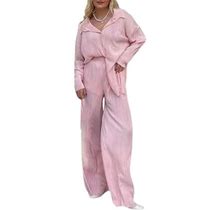 Frobukio Women 2 Piece Casual Outfits Set Button Down Long Sleeve Shirt High Waist Pleated Pants Sets Loungewear Pink S