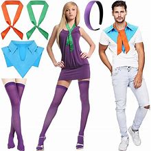 Panitay 5 Pcs Halloween Costume Accessory Set, Scarf And Fake Blue Collar Set, Purple Headband And Thigh High Socks Green Orange Retro Ribbon Scarf F