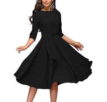 FENJAR Womens Elegance Audrey Hepburn Style Ruched 3/4 Short Ruffle Sleeve Casual Swing A-Line Dress