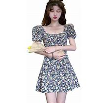 Wisremt Women's Dress Korean Square Collar Floral Bubble Sleeve Dresses Waist Slimming High Waist A-Line Vestidos Color XL