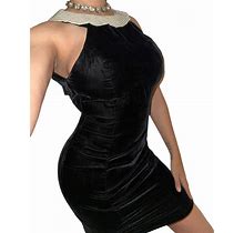 Alex Evenings $160 VTG Sz 4 Black Velvet Holiday Dress Faux Pearl Collar Zip 60S