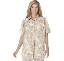 Plus Size Women's Three-Quarter Sleeve Peachskin Button Front Shirt By Woman Within In New Khaki Paisley (Size 3X) Button Down Shirt