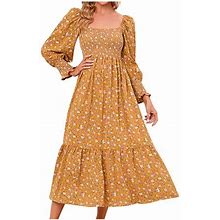 Tagold Fall Clothes Savings Clearance For Womens Dresses,Women's Casual Sexy Fashion Small Floral Printing Chiffon Square Collar Long Sleeve Long Dres