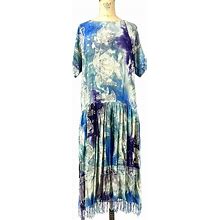 VTG 80S Blue Tie Dye Fish Fringe Drop Waist Dress