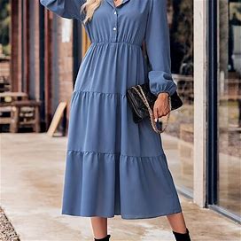 Solid Color Dress, Women's Button Front Elegant Women's Clothing Long Sleeve Midi Dress,Blue,Reliable,Temu