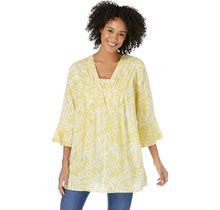 Plus Size Women's Bell-Sleeve V-Neck Tunic By Woman Within In Primrose Yellow Leaf (Size 38/40)