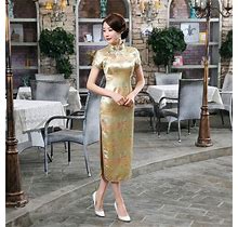 Plus Size Women Chinese Satin Long Cheongsam Summer Evening Party Qipao Dress