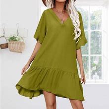 Summer Savings Clearance 2024! Tagold Womens Summer Dress, Fashion Women Summer Dresses V-Neck Solid Loose Comfy Short Sleeve Mini Dress Green L