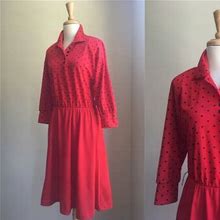 Vintage 1980S Red Secretary Dress - Polka Dot - Knee Length - Elastic Waist - Blouson - Medium