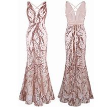 Angel-Fashions Women's Sequin Pattern Long Evening Party Dress Elegant Lace-Up Backless Plunging Neck Mermaid Wedding Gown Champagne Medium 981Ce