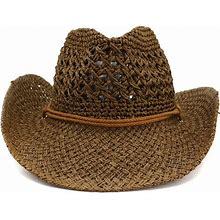 ADAHOP Western Cowboy Handmade Straw Hat Outdoor Seaside Beach Cap Sunscreen Sunhats Round Up Caps