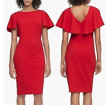 Calvin Klein Cd9c133d Red Stretch Crepe Flutter Sleeve Cape Dress, 4R