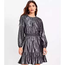 Loft Petite Shimmer Smocked Flounce Flare Dress Size Small Black/Silver Metallic Women's