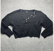 Fashion Nova Womens Crop Henley Sweater Black Long Sleeve V Neck