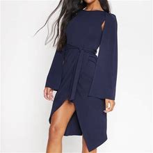 Prettylittlething Dresses | Navy Cape Style Wrap Midi Dress | Color: Blue | Size: 0