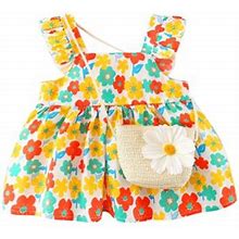Tengma Toddler Girls Dresses Dress Printed Sleeve Fly Infant Baby 6m 3Y Princess Ruffles Floral Set Bag Dresses Princess Dresses Yellow 8