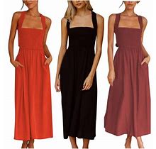 Qolati Women's Summer Sleeveless Dress 2023 Ruffle One Shoulder Belt Maxi Dress Elegant Pleated Swing Beach Dress